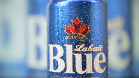 Toronto, Canada - December 30, 2021: Labatt Blue beer can covered in water droplets