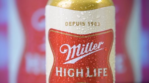 Toronto, Canada - December 30, 2021: Miller High Life beer can covered in water droplets