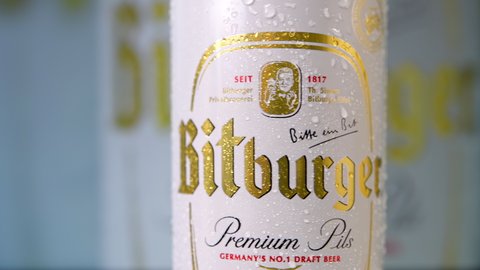 Toronto, Canada - December 30, 2021: Bitburger beer can covered in water droplets