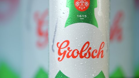 Toronto, Canada - December 30, 2021: Grolsch beer can covered in water droplets