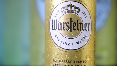 Toronto, Canada - December 30, 2021: Warsteiner beer can covered in water droplets