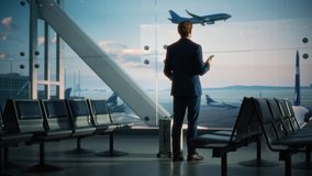 Airport Terminal: Businessman with Rolling Suitcase Walks, Uses Smartphone App for e-Business. Back View Silhouette of Traveling Man Waits for Flight in Boarding Lounge of Airline Hub with Airplanes - Powered by Shutterstock - Get 15% off with code: PIKWIZARD15