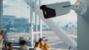 Airport Terminal: Futuristic AI Big Data Analysing Surveillance Camera that Keeps People Safe. Backgrond: Diverse Multi-Ethnic Crowd of People Wait for their Flights in Boarding Lounge of Airline Hub