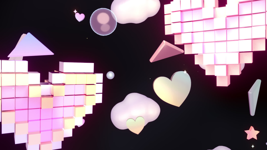 Looped flashing rainbow voxel hearts with various geometric objects flying in the dark animation.