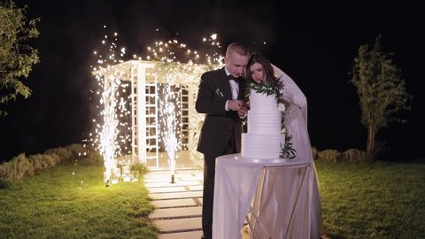 Newlyweds cut the wedding cake. Fireworks. Lovely bride and groom couple cutting wedding cake dessert with knife. Lovely man woman make the first cut of three-tiered wedding cake. Outdoors slow motion