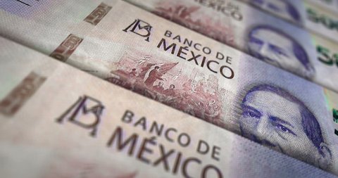 Mexico Pesos banknote loop. MXN money texture. Concept of economy, business, crisis, banking, recession, debt and finance. Moving over note. Loopable seamless 3d animation.