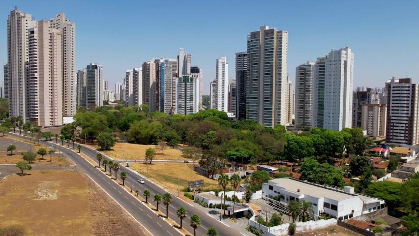 Cityscape of Goiania at midwest Brazil state of Goias. Aerial landscape of capital city with famous outdoor landscape square parks. Tropical scenery.