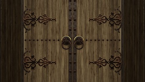 Old wooden door with rusty metal rivets, 3D animation, medieval, antique door opening with alpha matte.