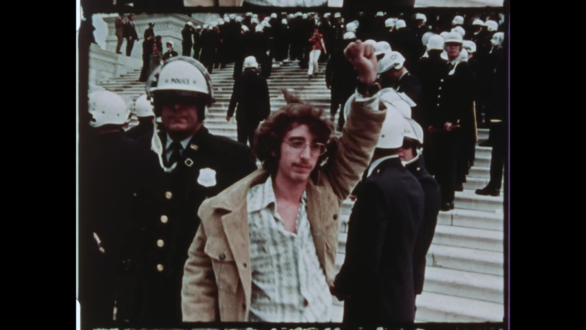 1971 Washington, DC. Capitol riot Arrests of Violent Insurrectionist Hippies by Capitol Police and D.C. Metro Police. 4K Overscan of Vintage Archival 16mm Newsreel Film 