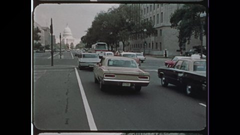 1970s Washington, DC. Street Scenes around Washington DC. Vintage Capital Police Car. Man Sells Flowers. Crowds on Capitol Hill. 4K Overscan of  Archival 16mm Film Print