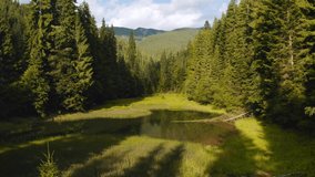 Fantastic aerial footage of a small mountain lake. Bird's eye view. Location place Carpathian mountains, Ukraine, Europe. Cinematic drone shot. Filmed in UHD 4k video. Discover the beauty of earth.