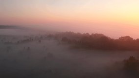 A shot from a drone over a thick fog that covered the plain before dawn. Dniester Canyon Nature Park, Ukraine, Europe. Cinematic footage. Filmed in UHD 4k video. Discover the beauty of earth.