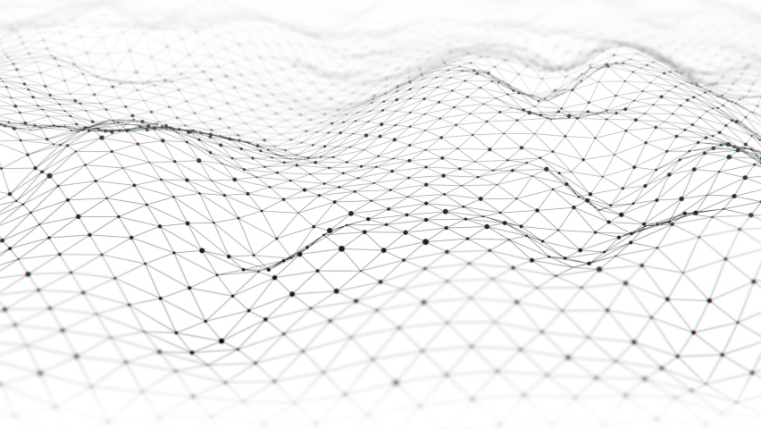 Digital dynamic network of black dots connected by lines. Abstract reticule landscape white technology looping background. Big data concept visualization. 3D rendering.
