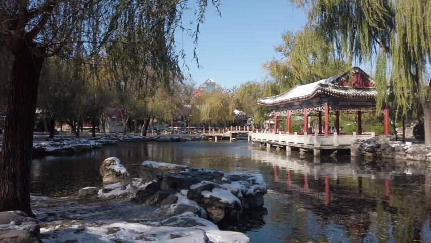 Chinese pavilion by the lake in Ritan Park in windy autumn,Beijing,China