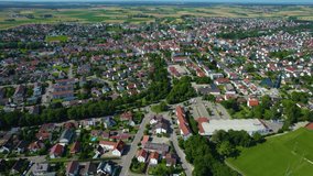 Aerial view of the city Langenau in Germany on a sunny day in spring.