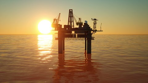 3d Animation of an oil drilling platform at sunset
