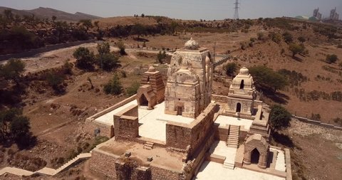 4K Aerial Footage View to the Shri Katas Raj complex of several Hindu temples, Punjab, Pakistan