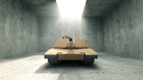 Heavy Military Tank inside underground hangar with opened roof and Sunlights. 4K Animation