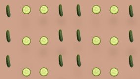 Colorful pattern of fresh cucumbers. Top view. Seamless pattern with cucumber. Pop art design. Realistic animation. 4K video motion