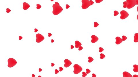 Looped 3d animation of red heart shapes floating upwards like balloons against a white background in vertical format composition