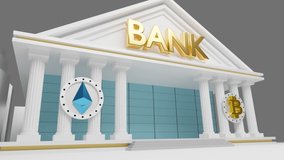 3d VIDEO of a bank with the ethereum and bitcoin symbol and a city in the background. the name of the bank is in gold. banks can now store cryptocurrency.