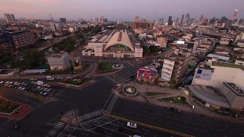 December 5th 2021 Cityscape and Street light from top view of Hua Lamphong train station in Bangkok, Thailand.