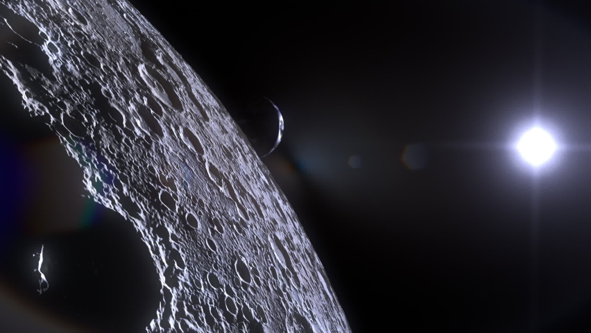Incredible flight over the surface of the moon. Excellent detail. We see the shadow changing. Visible depth of craters. Royalty-Free Stock Footage #1084707568