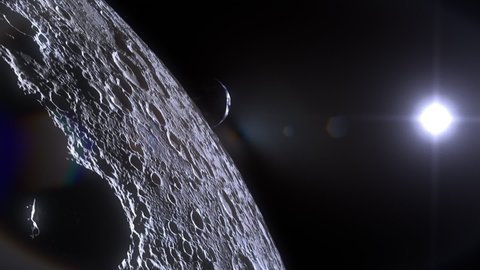 Incredible flight over the surface of the moon. Excellent detail. We see the shadow changing. Visible depth of craters.