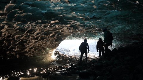 Walking inside an ice cave in glacier skaftafell, Vatnajökull National Park. Iceland
