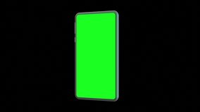 modern smartphone with green screen on black background . 3d illustration rendering . 4k resolution video . for business , advertisement, market and etc . Computer generated image . Easy customizable