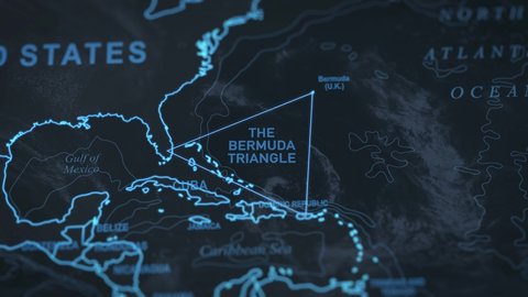 the bermuda triangle map animation. Airplane passing by region and disappearing.