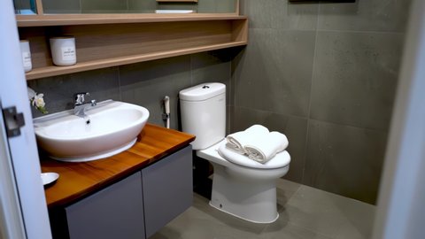 Serpong, Indonesia - March 16, 2021: Established Shot of Luxurious and Minimalist Bathroom Design
