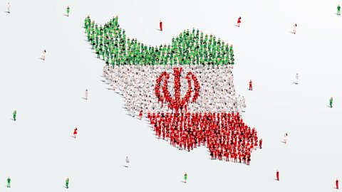 Iran Map and Flag. A large group of people in the Iranian flag color form to create the map. 4K Animation Video.