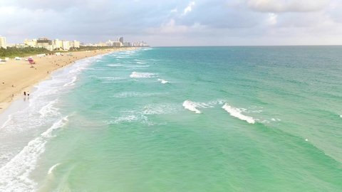Drone video of Miami Beach and skyline during sunrise in morning light