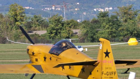 Thiene Italy OCTOBER, 16, 2021 Glider plane towing. Gliders are unpowered aircraft that needs to be towed by a small airplane to take off. Jonker Sailplanes JS3 Rapture high performance competition