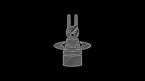 White line Magician hat and rabbit icon isolated on black background. Magic trick. Mystery entertainment concept. 4K Video motion graphic animation.