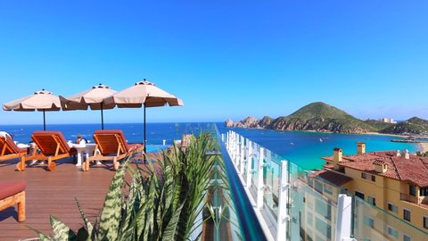 Cabo San Lucas, Los Cabos, Baja California, Mexico, September 10, 2021: View of scenic landmark tourist landscape destination Arch of Cabo San Lucas, El Arco, from the roof of a luxury hotel