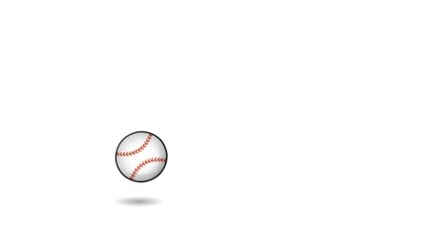 Baseball ball falling, jump to the ground. Classic, retro, typical striped stitched red base ball, bounces from left to right and rolls off animation. Ball moving away, looking small. White back video