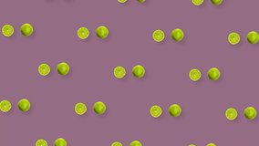 Colorful fruit pattern of fresh rotating green limes. Seamless pattern with lime sliced. Realistic animation. 4K video motion