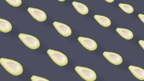 Colorful fruit pattern of fresh avocados on grey background. Seamless pattern with avocado. Realistic animation. 4K video motion