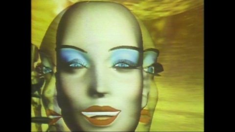1980s Paris, France. Computer Generated Imagery, CGI, of Female Face. Surreal Abstract Computer Animation. Seamless VJ loop Vaporwave style. 4K footage for night club or video wall. 
