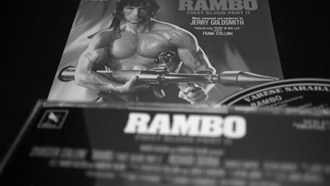 Rome, Italy - August 02, 2019: Cover and cd of the soundtrack of Rambo 2. composed by Jerry Goldsmith of the follow-up to the 1982 film First Blood (Rambo)