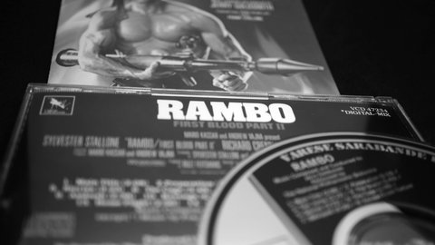 Rome, Italy - August 02, 2019: Cover and cd of the soundtrack of Rambo 2. composed by Jerry Goldsmith of the follow-up to the 1982 film First Blood (Rambo)