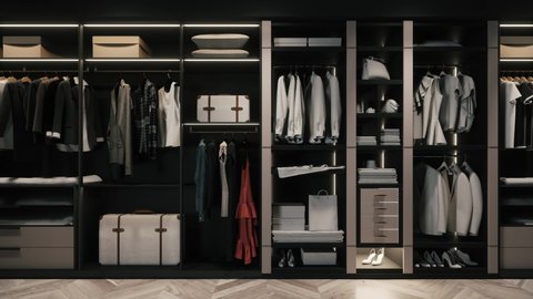 Wardrobes with clothes. Dressing room with things. Different clothes in wardrobe closet. 3d visualization