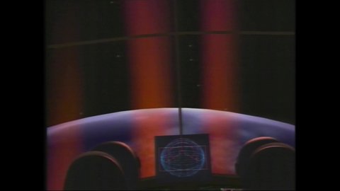 1980s Computer Generated Graphics of Space Station and Spaceship out in the galaxy. Vaporwave inspired Retro Futurism. 4K Scan from vintage broadcast VHS Betacam Master 