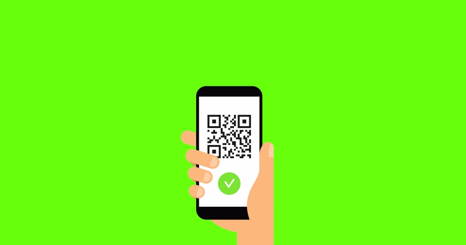 Hand holds smartphone with vaccine passport. Green immunity certificate. Health passport on digital screen with qr code. Flat style. Green screen. 4K animation
