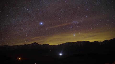 A time lapse of the night sky in Alabama Hills, California. The Orion Constellation is featured against a beautiful mountain horizon.