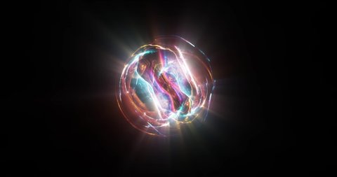 Colorful glowing spinning abstract sphere. neutron star on black background. Abstract glowing shapes. Fantasy light background. Digital art. 4K loop. 3D rendering