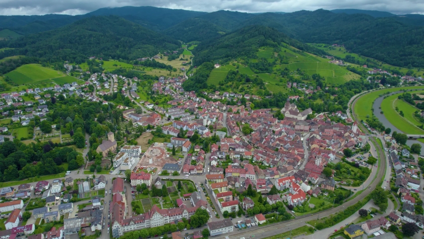 Aerial view of the old town of Gengenbach in Germany  on a cloudy day in summer. 