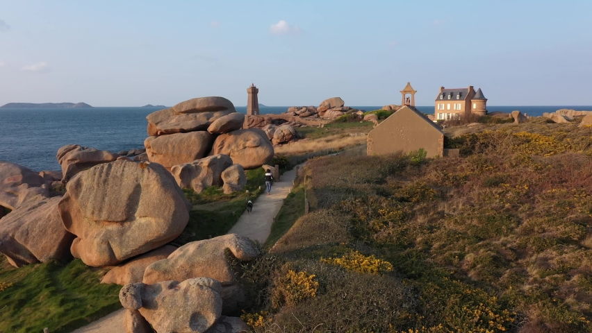 Aerial view by drone of lighthouse at Ploumanac